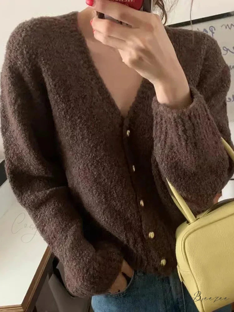 V-neck Cashmere Knit Cardigan Coffee / One Size cardigans-241228