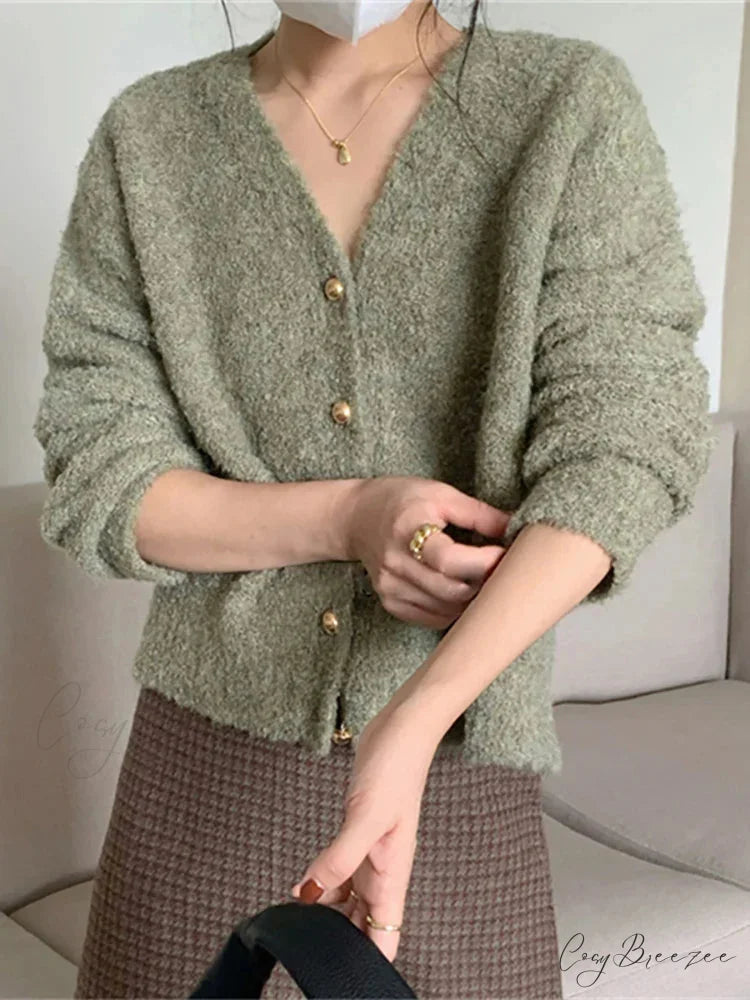 V-neck Cashmere Knit Cardigan Green / One Size cardigans-241228