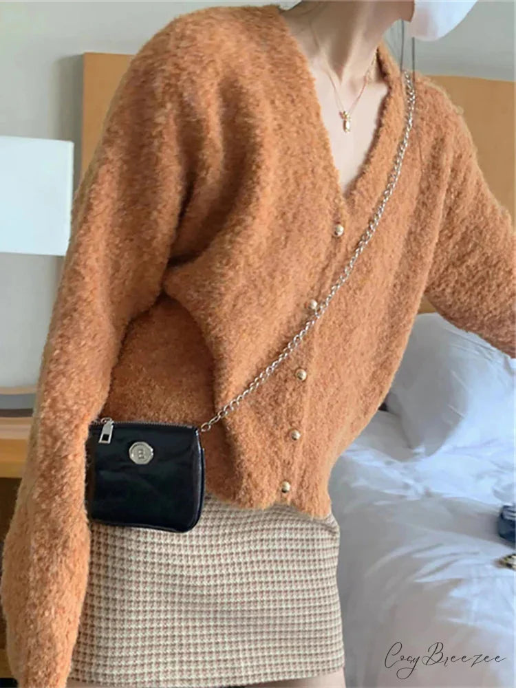 V-neck Cashmere Knit Cardigan Orange / One Size cardigans-241228