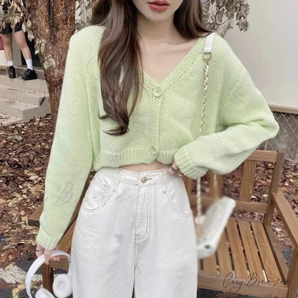 V-Neck Casual Fashion Long Sleeve Cardigan Green / One Size cardiagn-250126