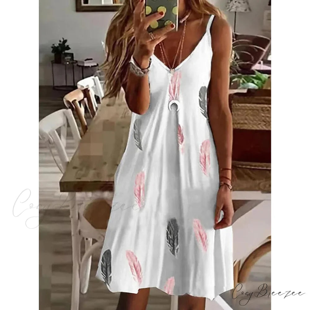 V-Neck Casual Sling Dress for Women Feather / S