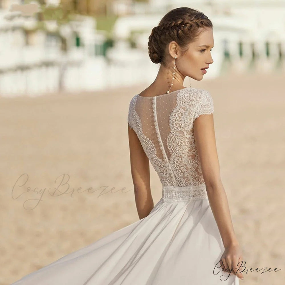 V-Neck Chiffon Lengthy Train Bridal Gown lvory white / 2 weddingdress-250223