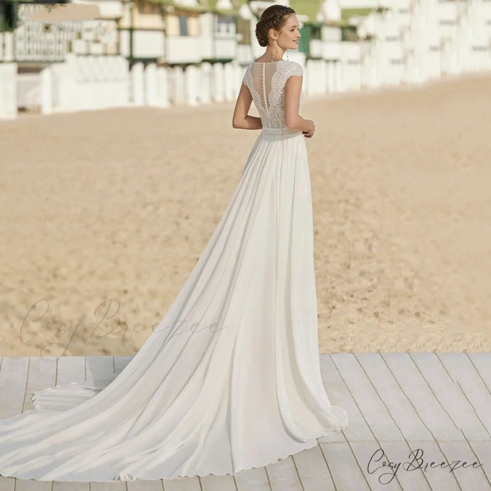 V-Neck Chiffon Lengthy Train Bridal Gown weddingdress-250223
