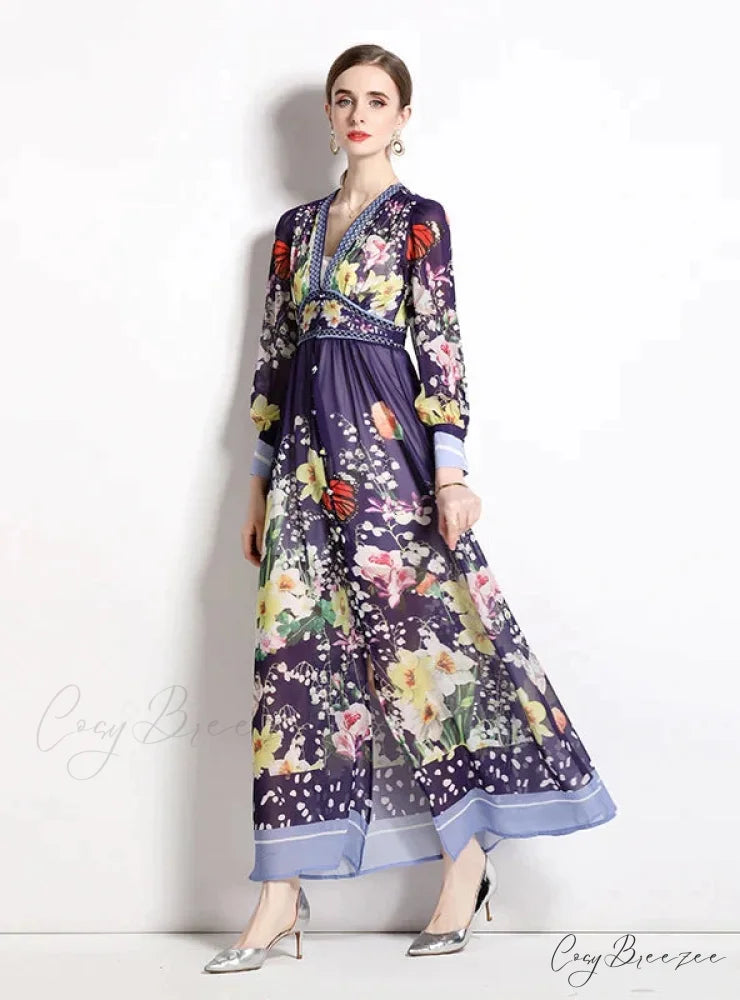 V-Neck Chiffon Printed Long Dress for Summer