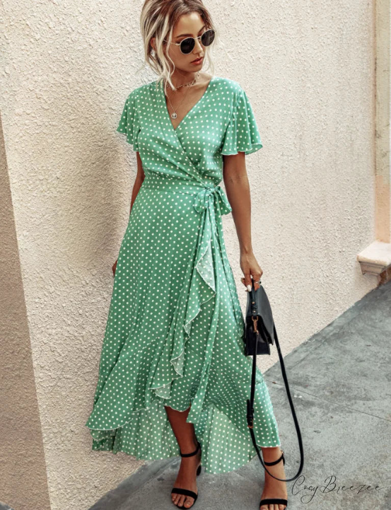 V-Neck Coastal Vacation Dot Polka Short-Sleeved Warm-Season Ruffle for Gown Women L / GREEN