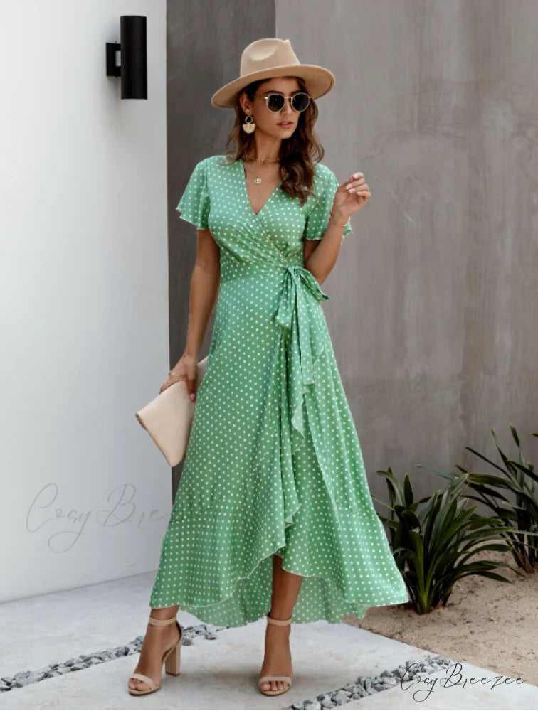 V-Neck Coastal Vacation Dot Polka Short-Sleeved Warm-Season Ruffle for Gown Women L / YELLOW