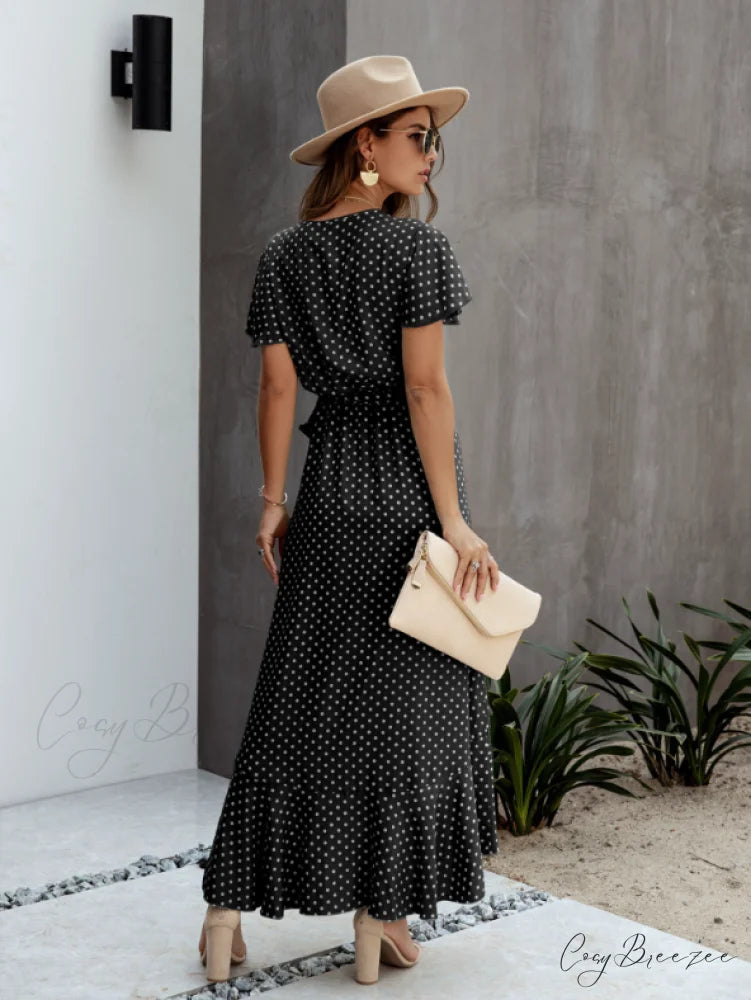 V-Neck Coastal Vacation Dot Polka Short-Sleeved Warm-Season Ruffle for Gown Women M / GREEN