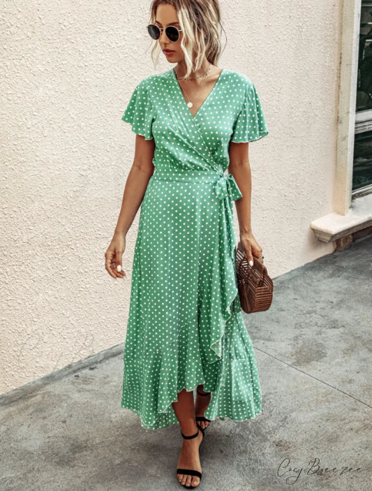 V-Neck Coastal Vacation Dot Polka Short-Sleeved Warm-Season Ruffle for Gown Women M / YELLOW