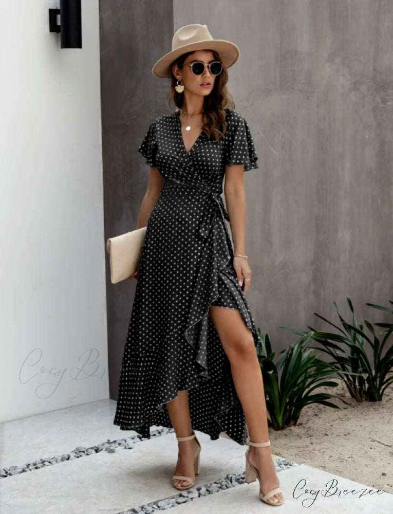 V-Neck Coastal Vacation Dot Polka Short-Sleeved Warm-Season Ruffle for Gown Women S / YELLOW