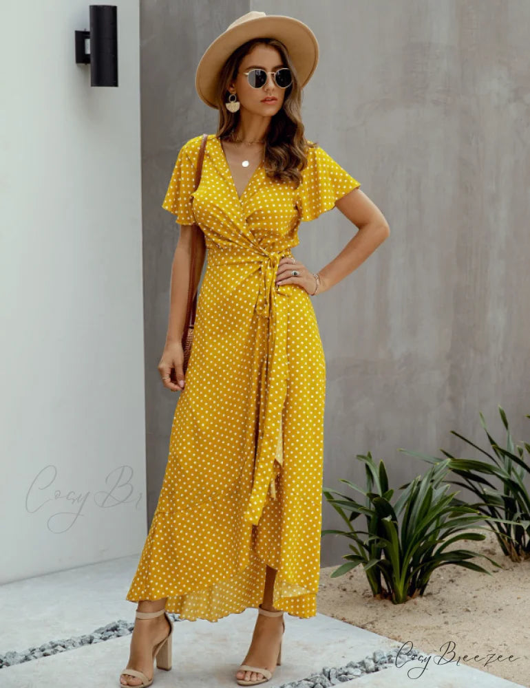V-Neck Coastal Vacation Dot Polka Short-Sleeved Warm-Season Ruffle for Gown Women XL / YELLOW