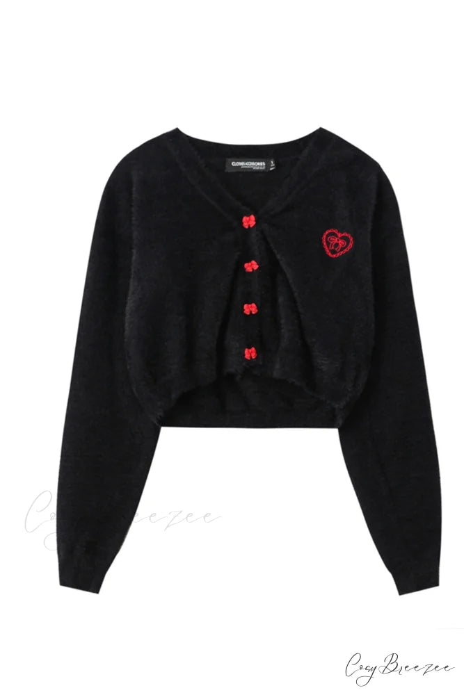 V Neck Color Solid Cardigan Black / S