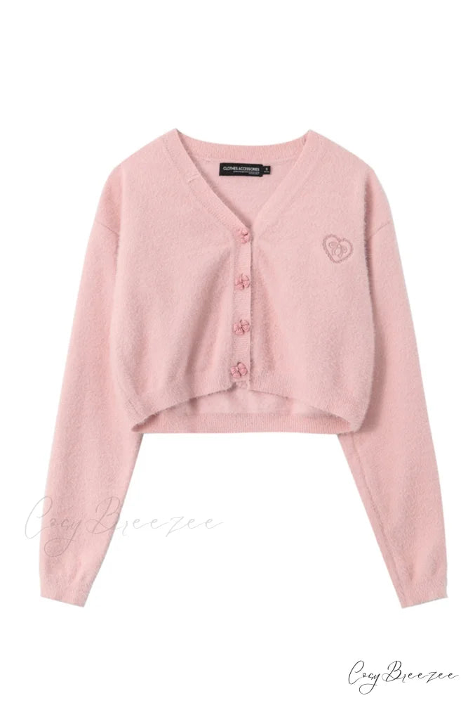 V Neck Color Solid Cardigan Pink / S