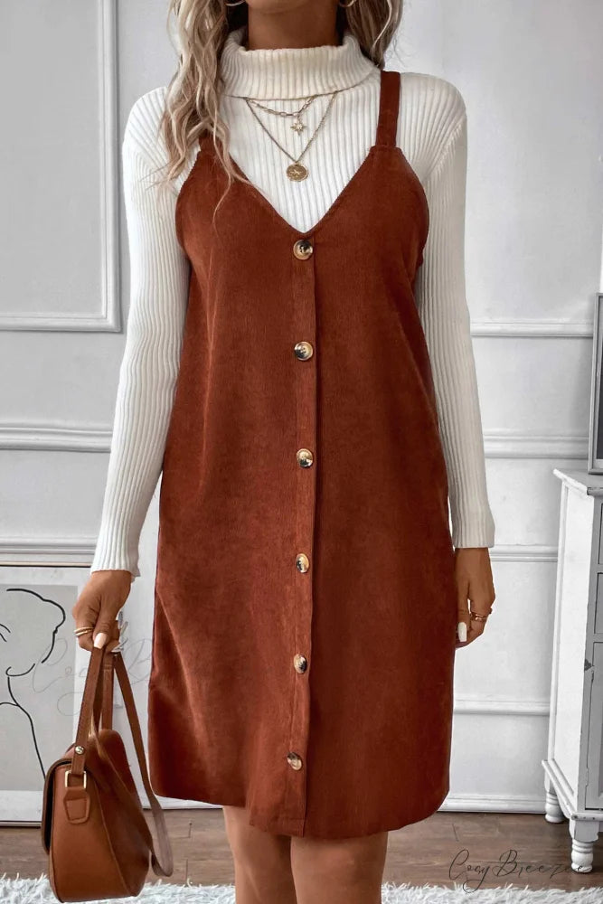 V Neck Corduroy Cami Dress Brown / L