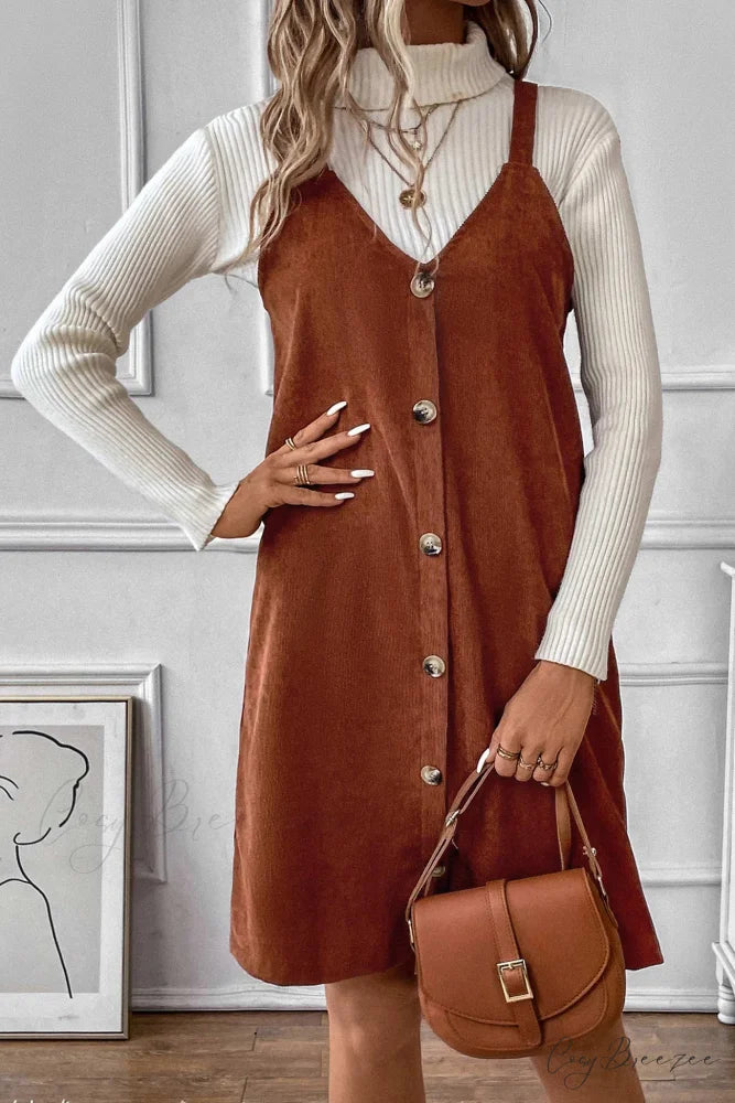 V Neck Corduroy Cami Dress Brown / M