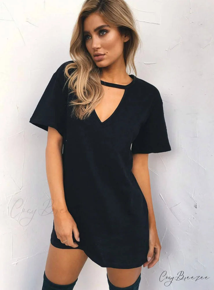 V Neck Cotton Summer Dress Women Solid Casual Loose S / Black