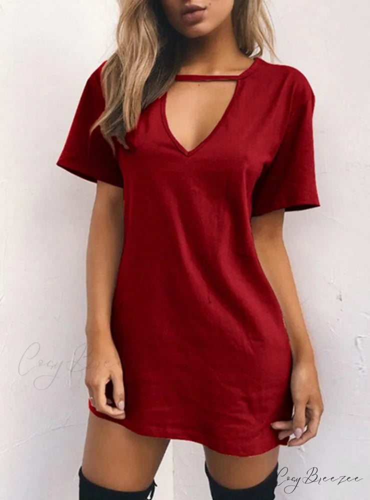 V Neck Cotton Summer Dress Women Solid Casual Loose S / Gray