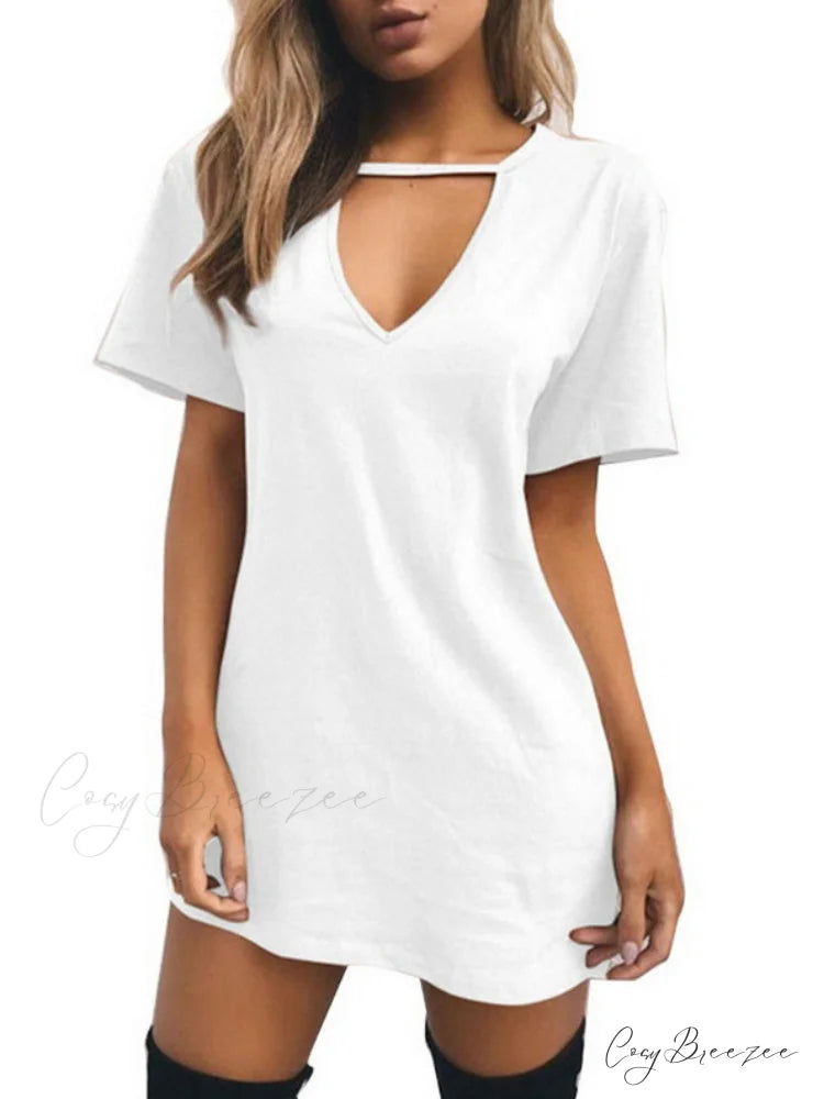 V Neck Cotton Summer Dress Women Solid Casual Loose S / Yellow