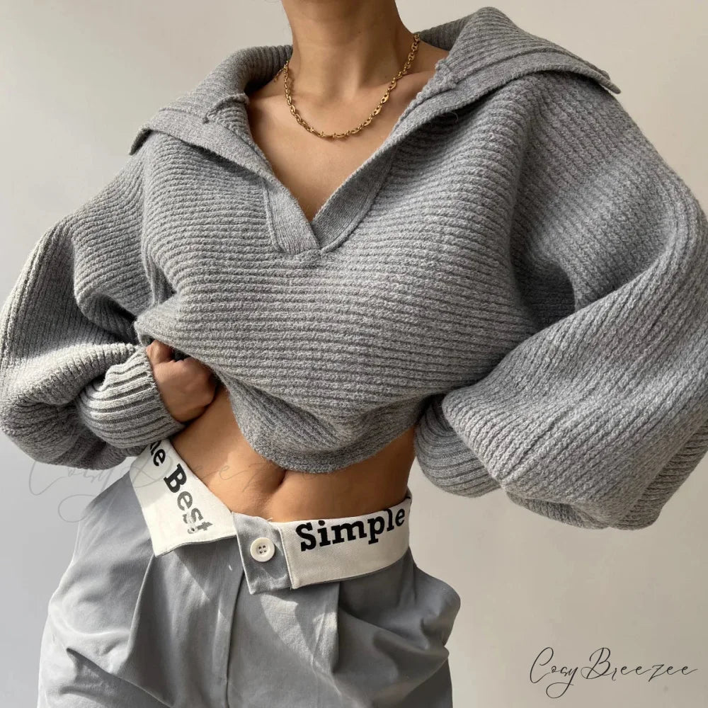 V-neck Cozy Ivory Sweater Gray / S swraters-241228
