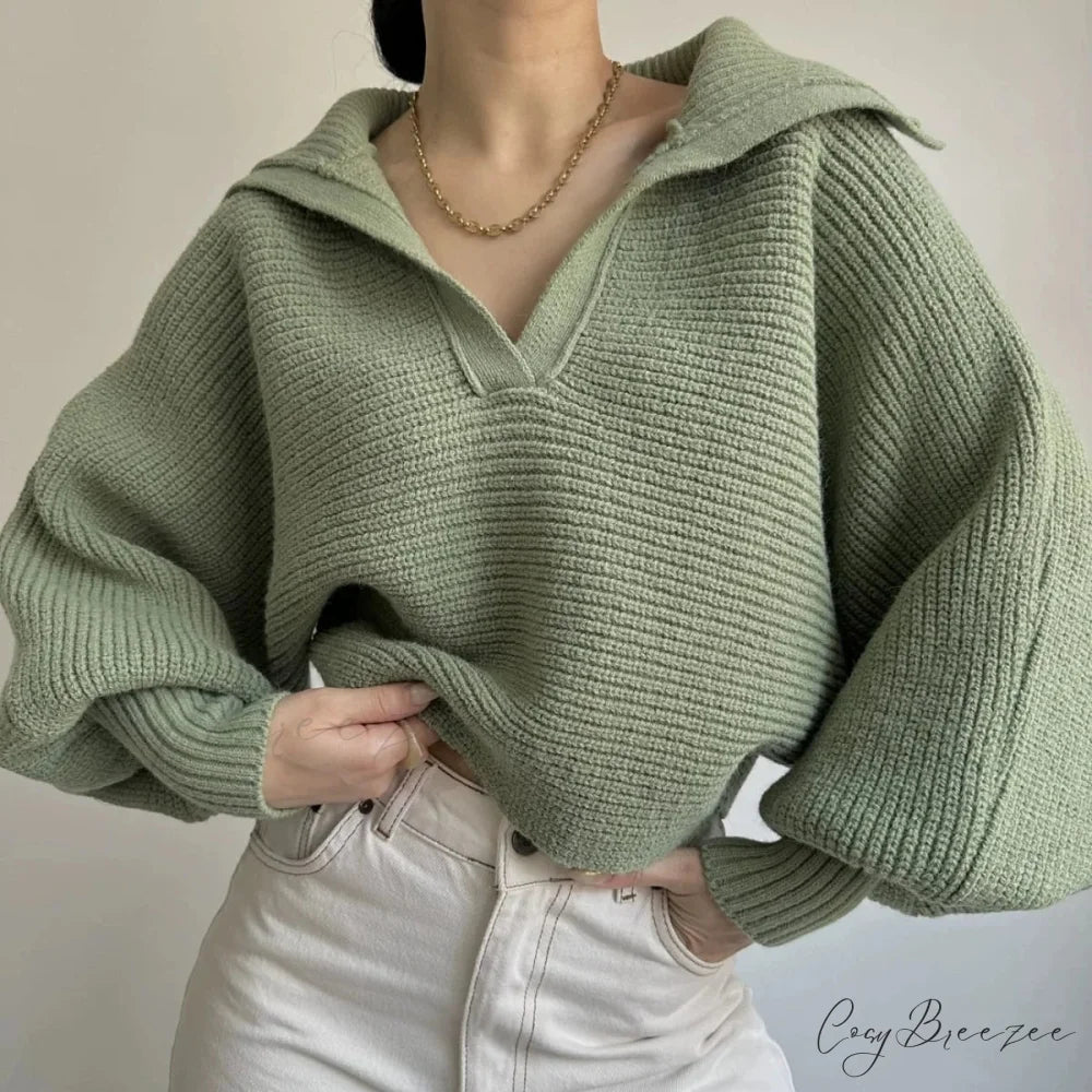 V-neck Cozy Ivory Sweater Green / S swraters-241228