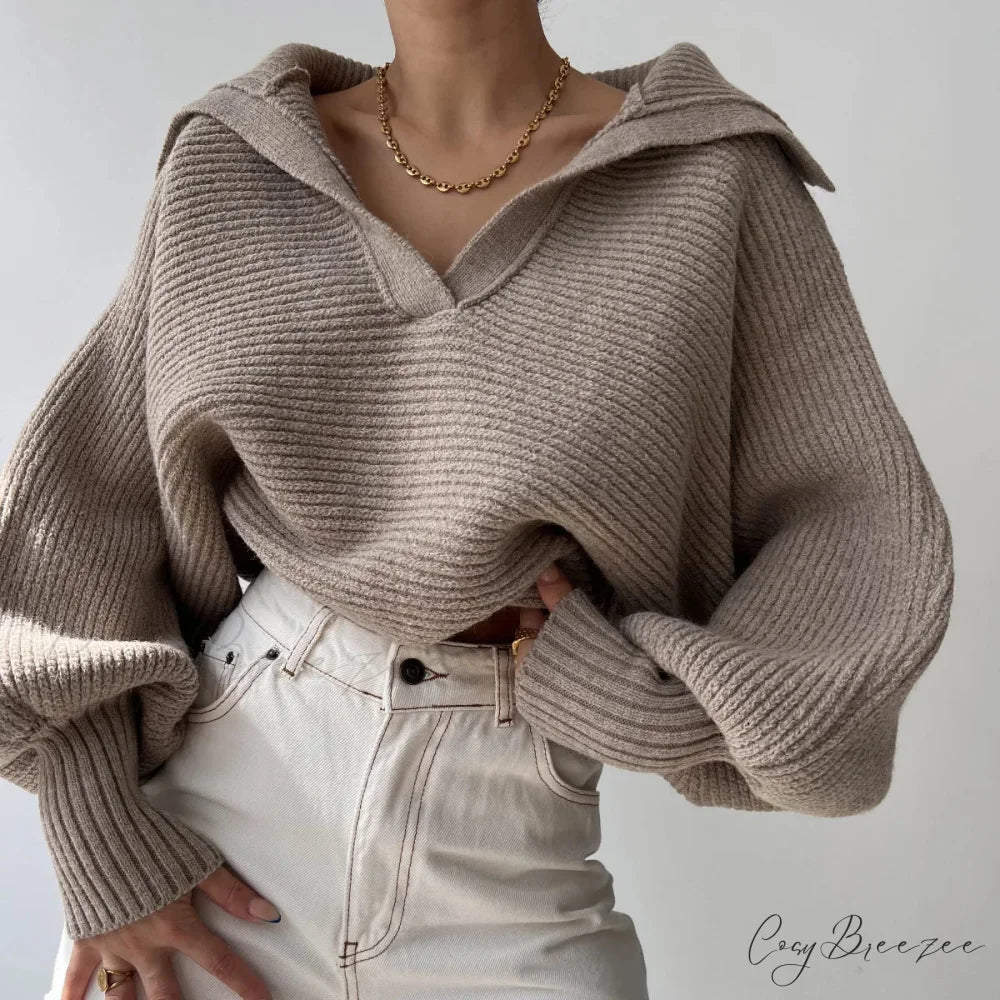 V-neck Cozy Ivory Sweater Khaki / S swraters-241228