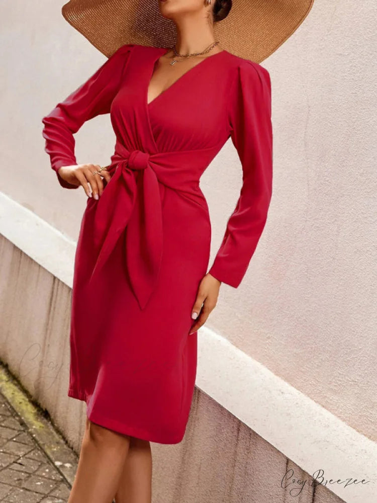 V-neck dress belt waist mid-length solid women’s zipper color clothing
