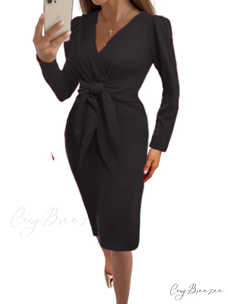 V-neck dress belt waist mid-length solid women’s zipper color clothing