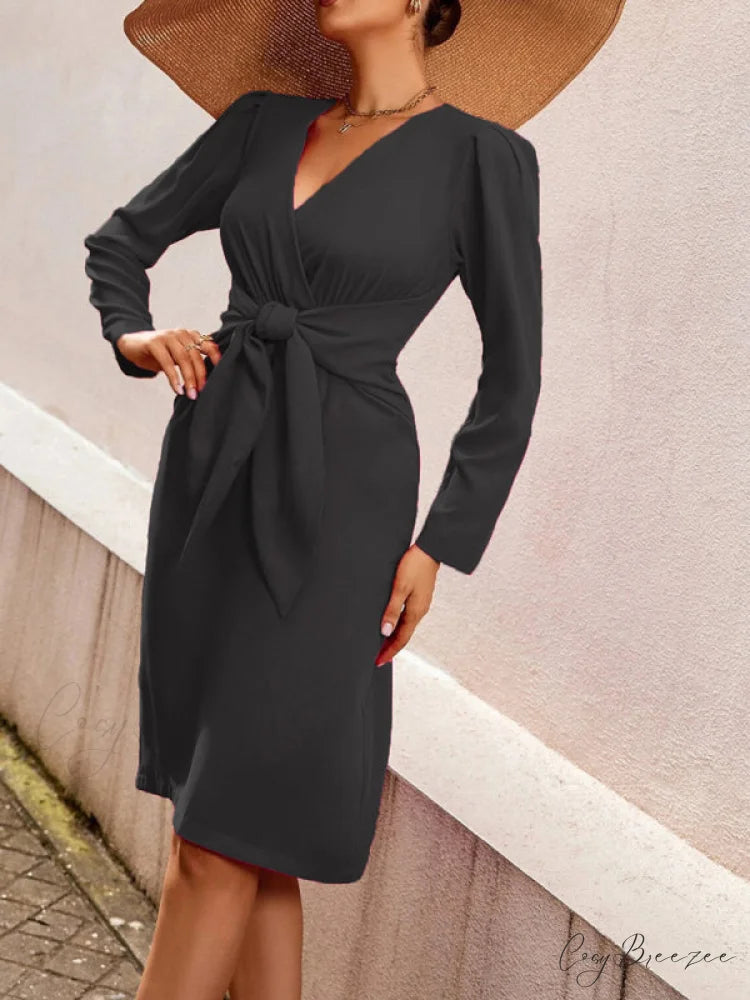 V-neck dress belt waist mid-length solid women’s zipper color clothing