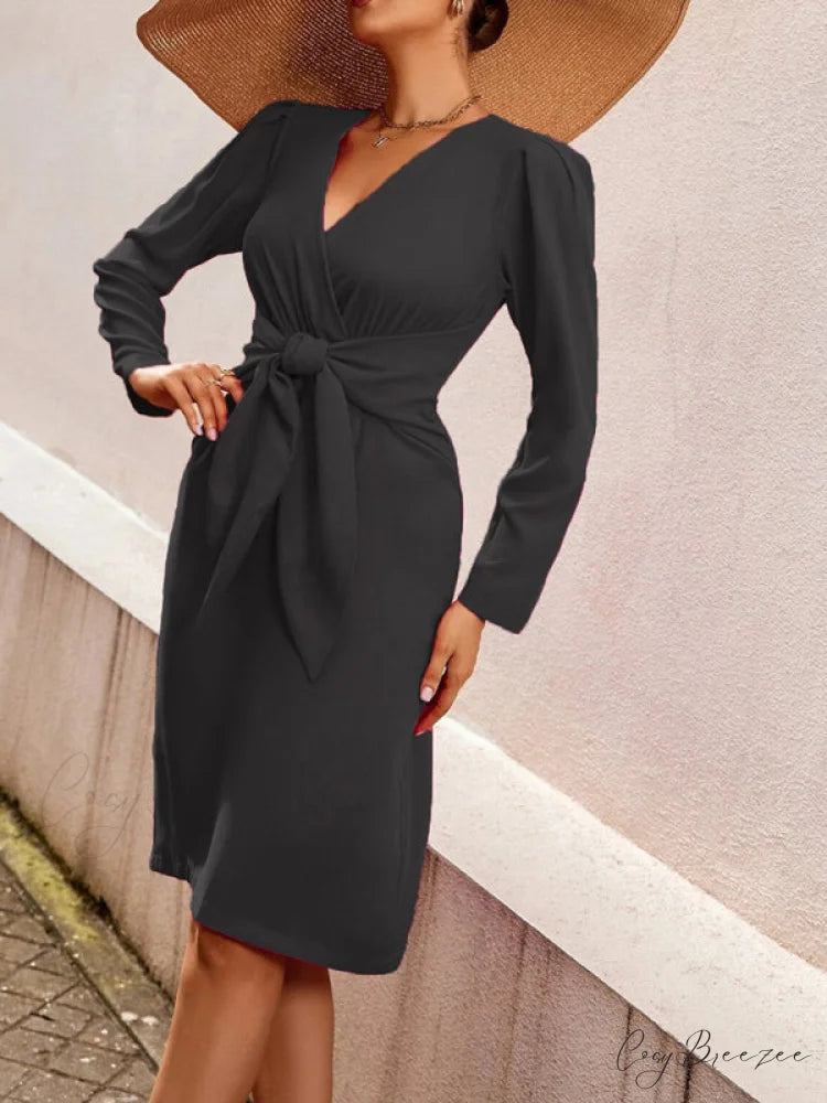 V-neck dress belt waist mid-length solid women’s zipper color clothing Black / S