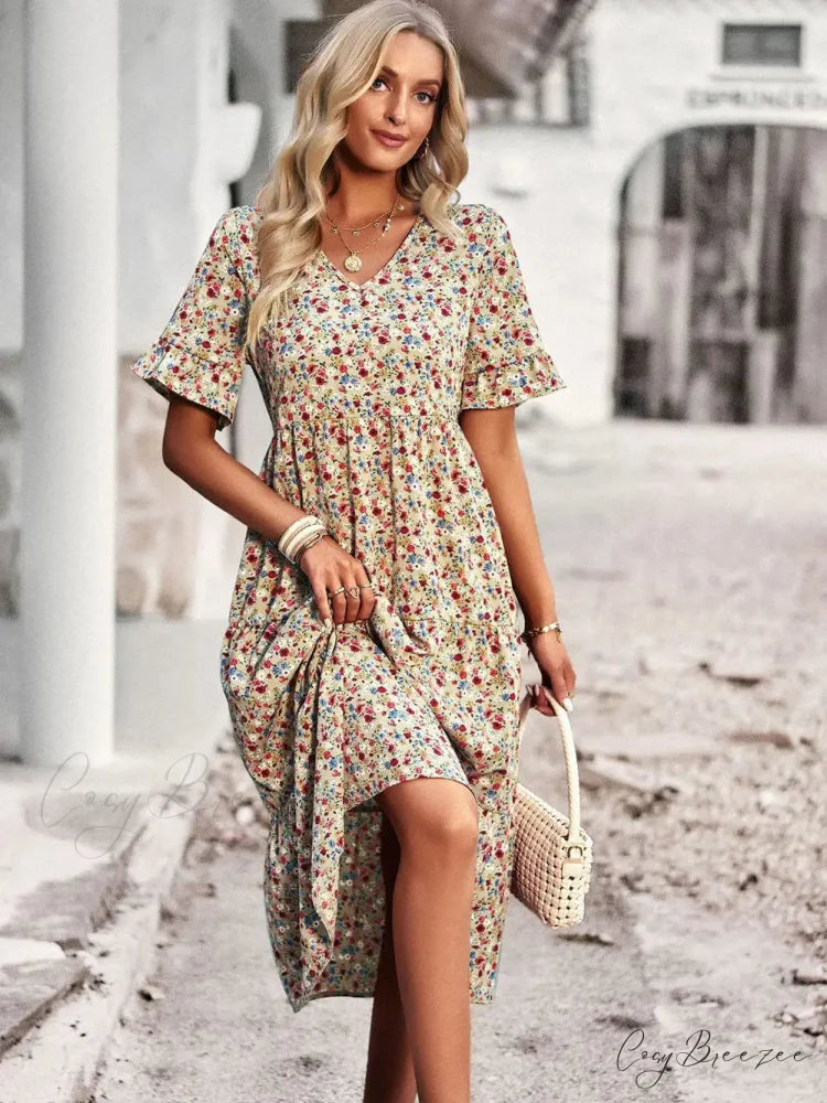 V-neck Elegant Floral Print A-line Holiday Dress APRICOT / S oldfloraldress-250126