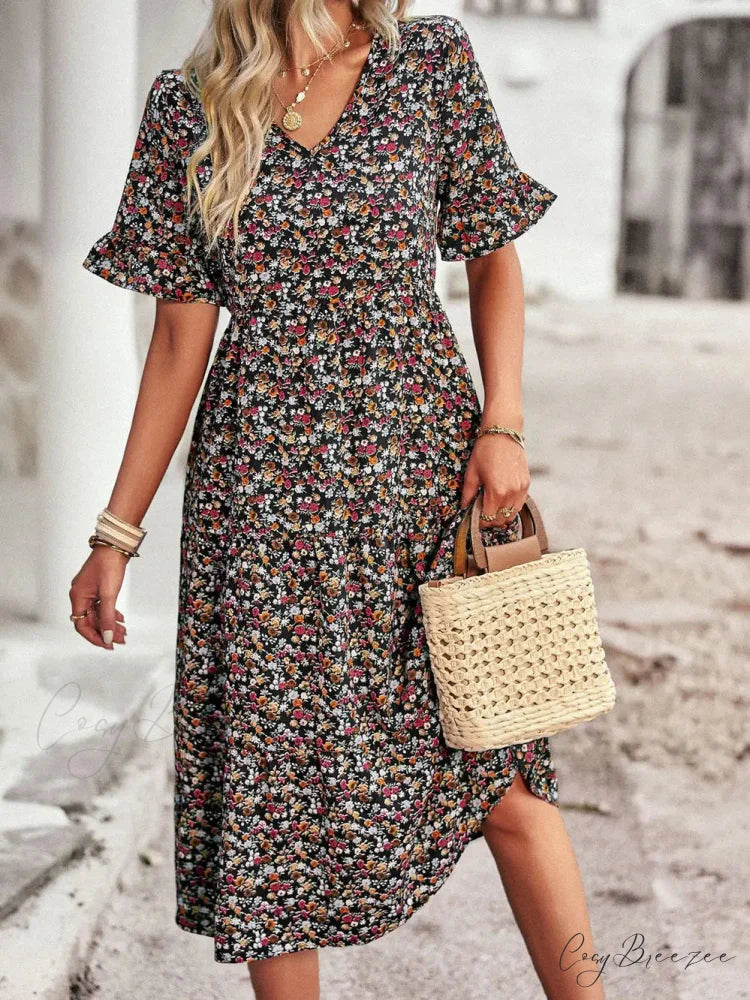 V-neck Elegant Floral Print A-line Holiday Dress Black / S oldfloraldress-250126