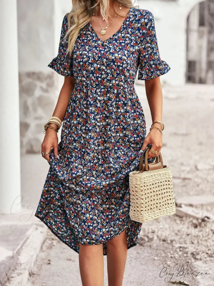 V-neck Elegant Floral Print A-line Holiday Dress Blue / S oldfloraldress-250126