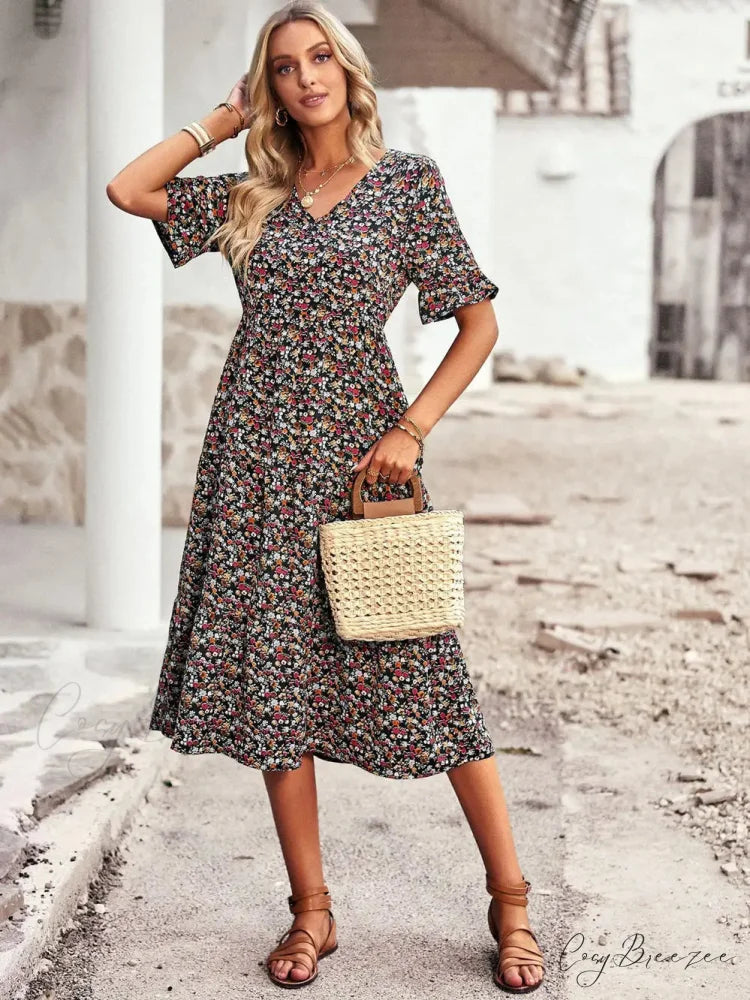 V-neck Elegant Floral Print A-line Holiday Dress oldfloraldress-250126