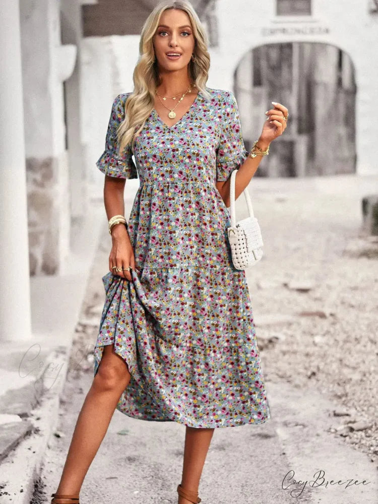 V-neck Elegant Floral Print A-line Holiday Dress oldfloraldress-250126