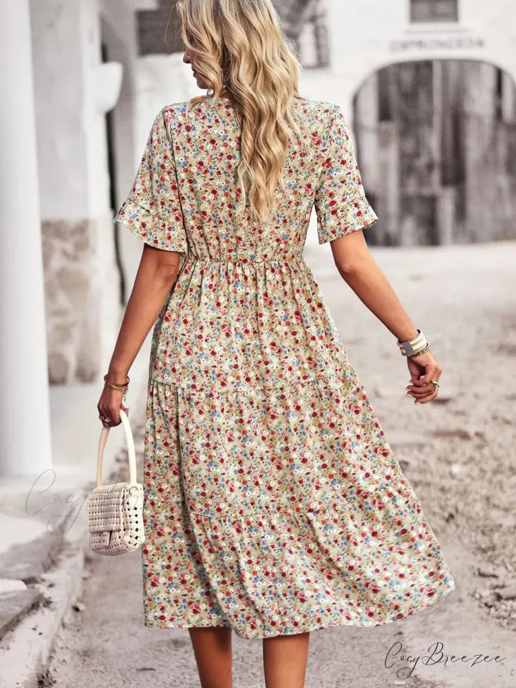 V-neck Elegant Floral Print A-line Holiday Dress oldfloraldress-250126