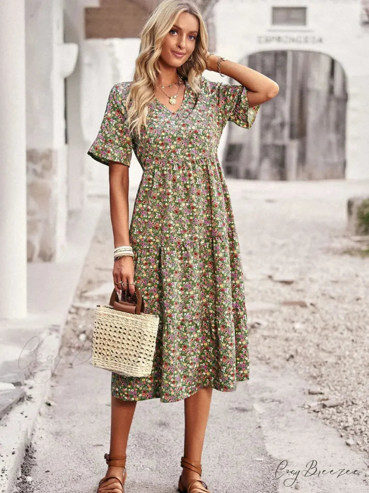 V-neck Elegant Floral Print A-line Holiday Dress oldfloraldress-250126