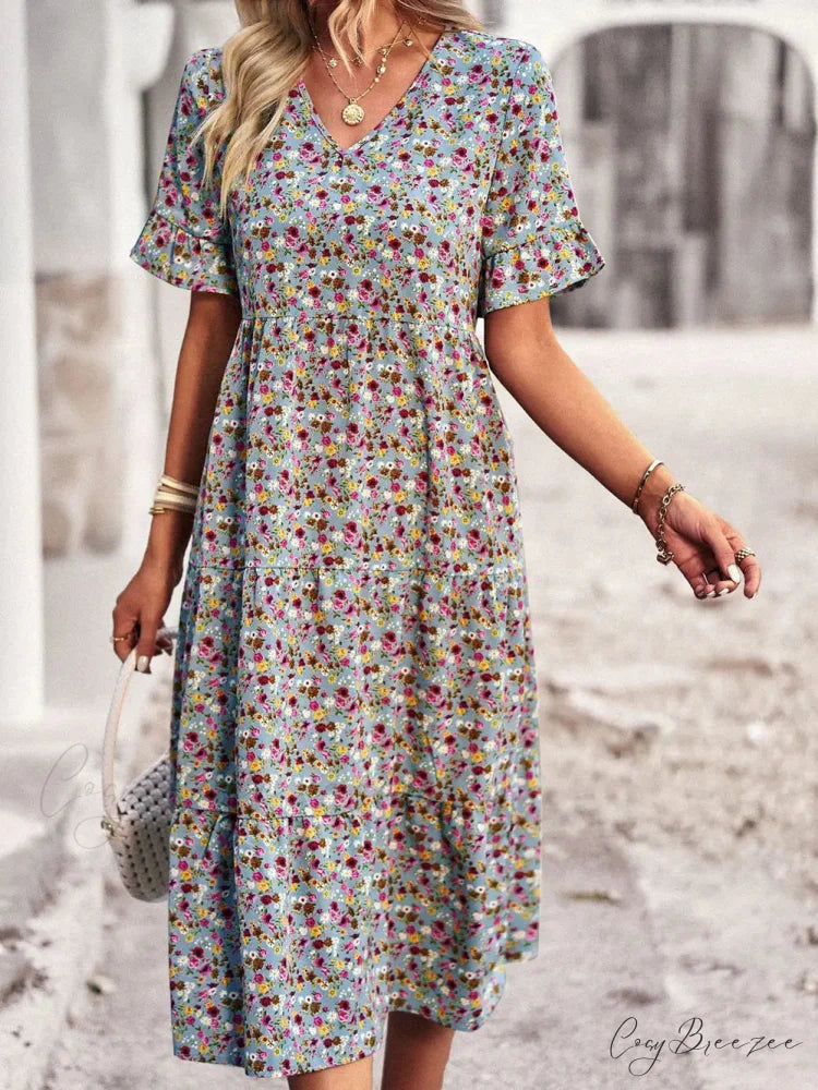 V-neck Elegant Floral Print A-line Holiday Dress ROYAL BLUE / S oldfloraldress-250126