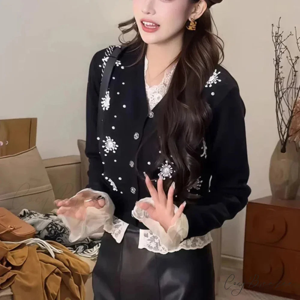 V-neck Embroidered Patchwork Cardigan cardigans-241228