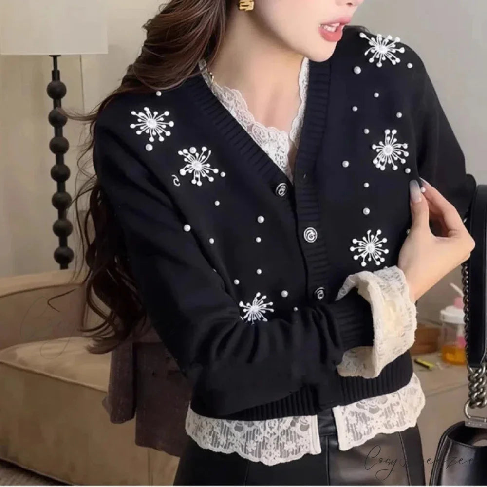 V-neck Embroidered Patchwork Cardigan cardigans-241228