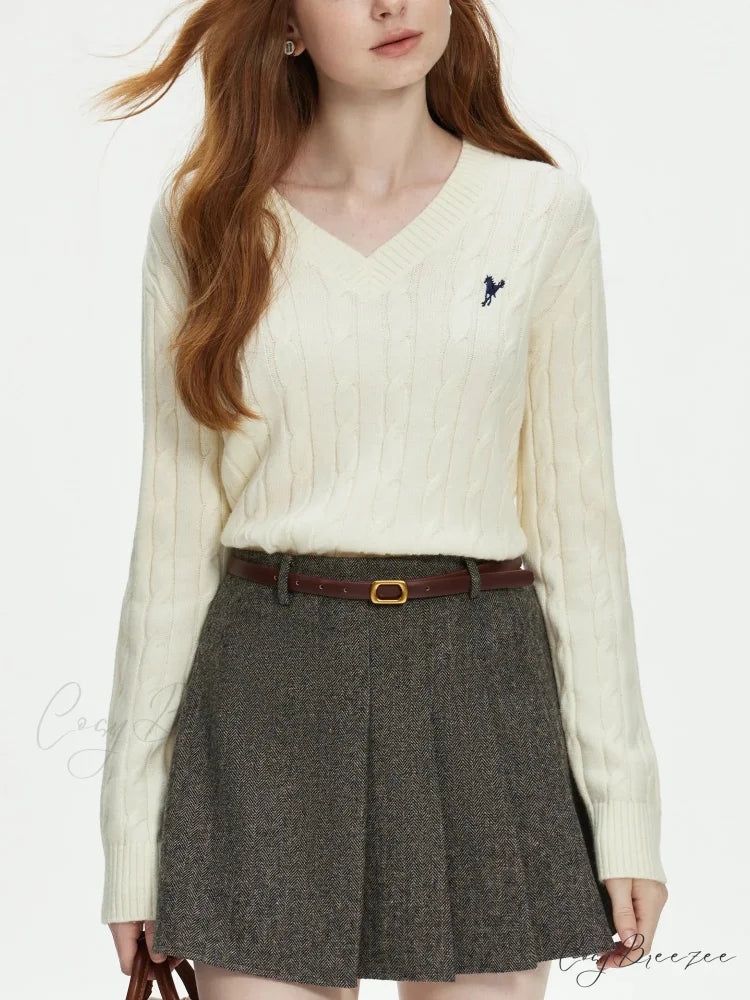 V-neck Embroidered Twisted Flower Sweater Ivory / XS swraters-241228
