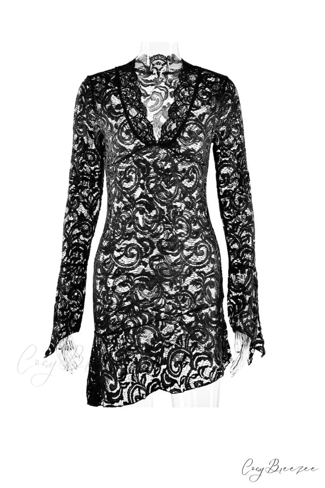 V Neck Flares Sleeve Lace Dress Black / S