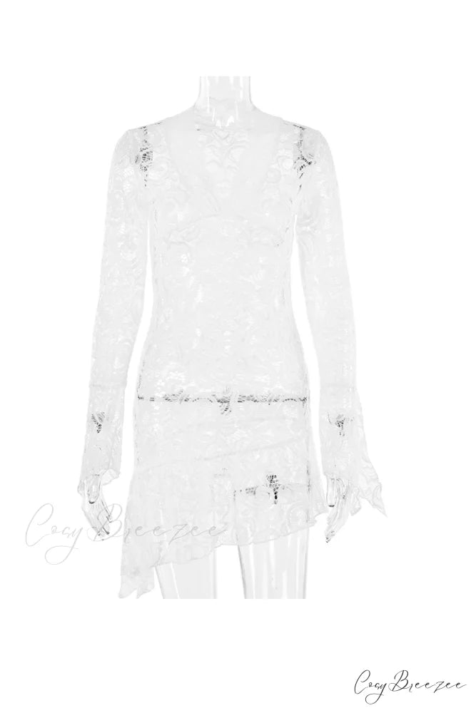 V Neck Flares Sleeve Lace Dress White / S