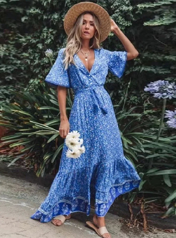 V-Neck Flowered Brief Full-Length with Gown Sleeves M / Blue