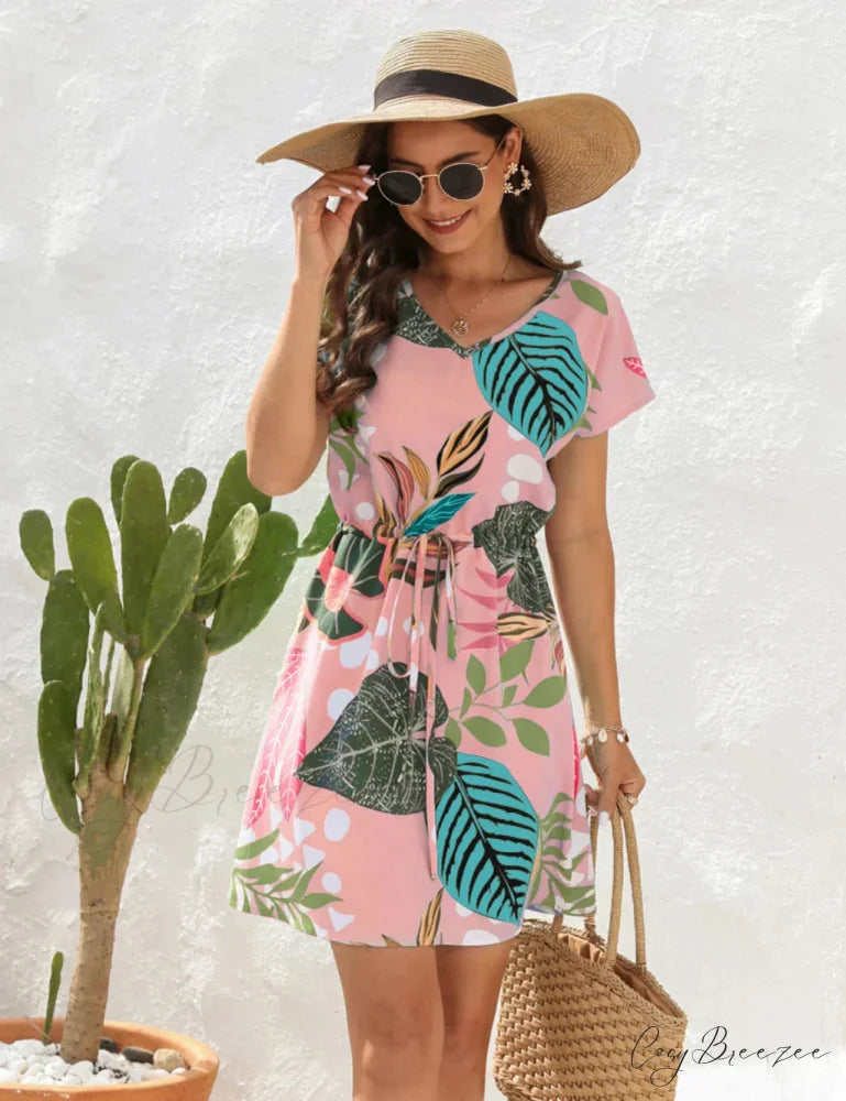 V-Neck Flowered Loose Gown Brief Arm with Print M / blue