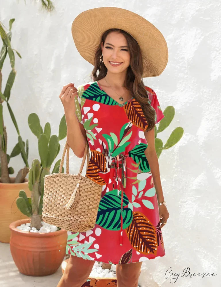 V-Neck Flowered Loose Gown Brief Arm with Print M / green