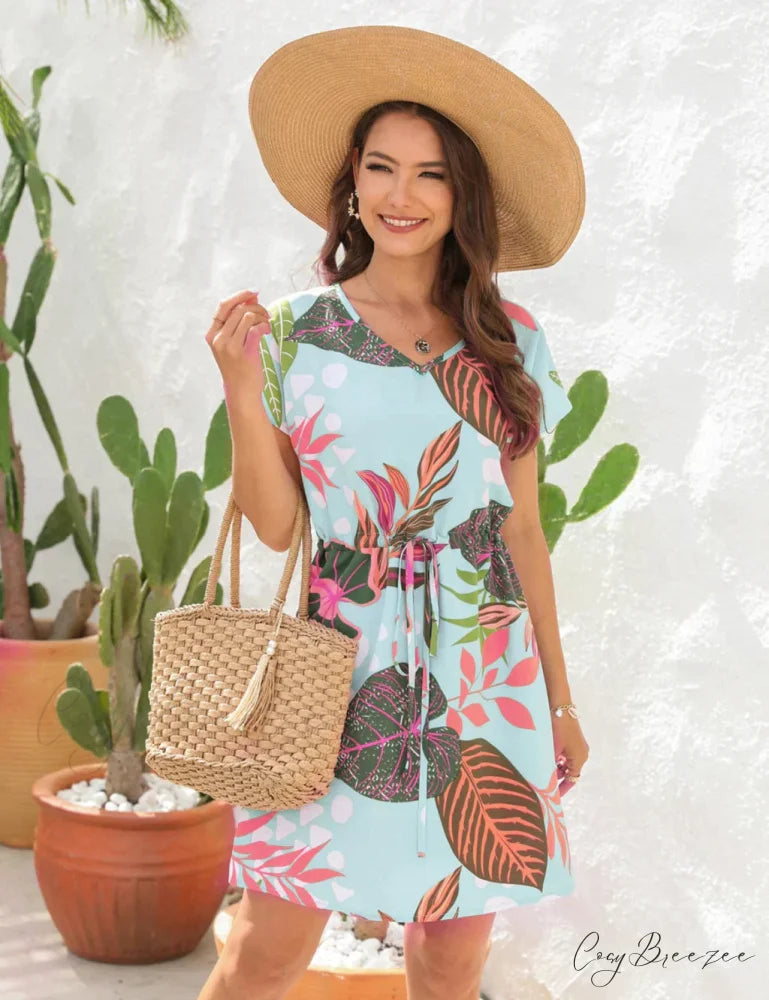 V-Neck Flowered Loose Gown Brief Arm with Print M / red