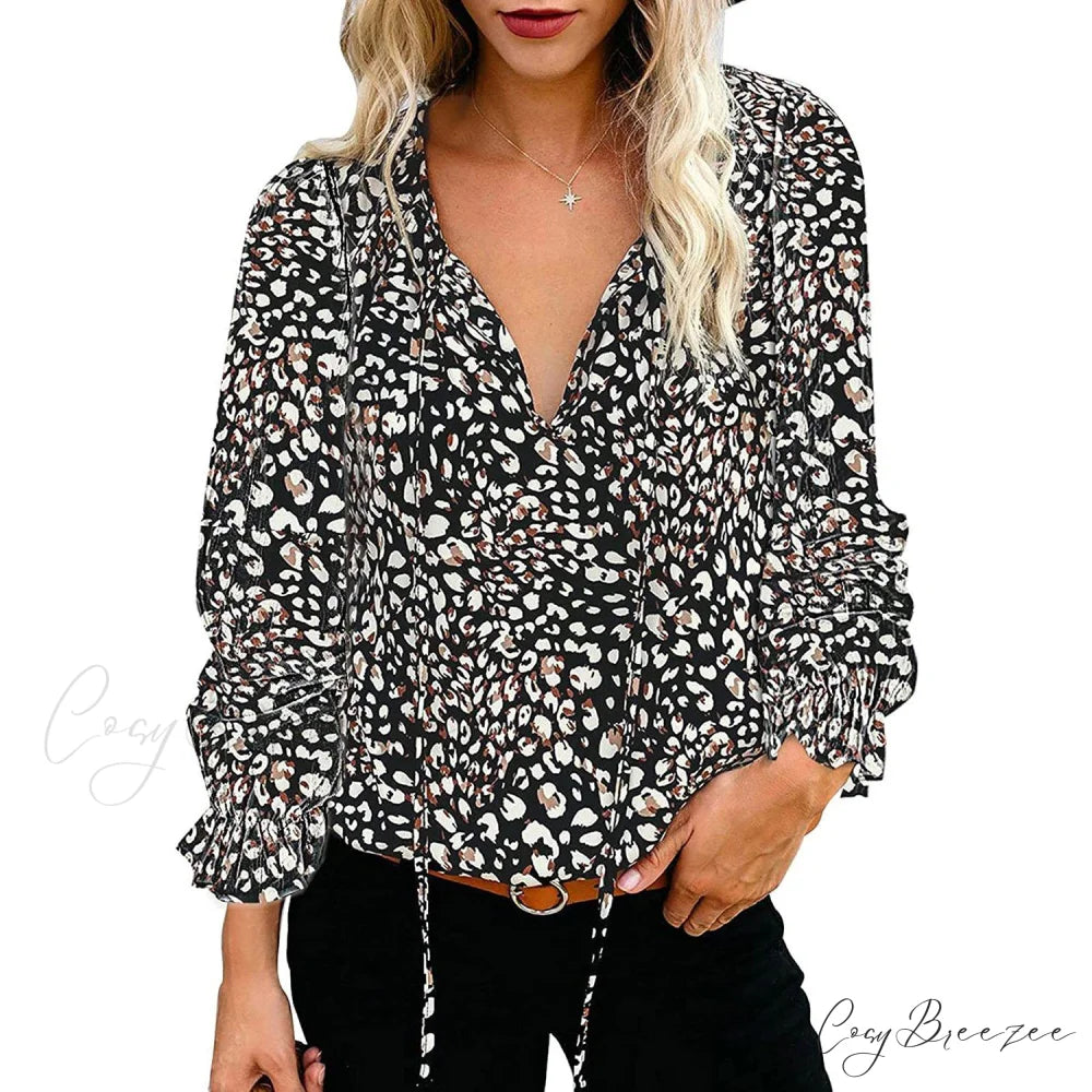 V-Neck Flowered Women’s Bohemian Dokotoo Top Black / S