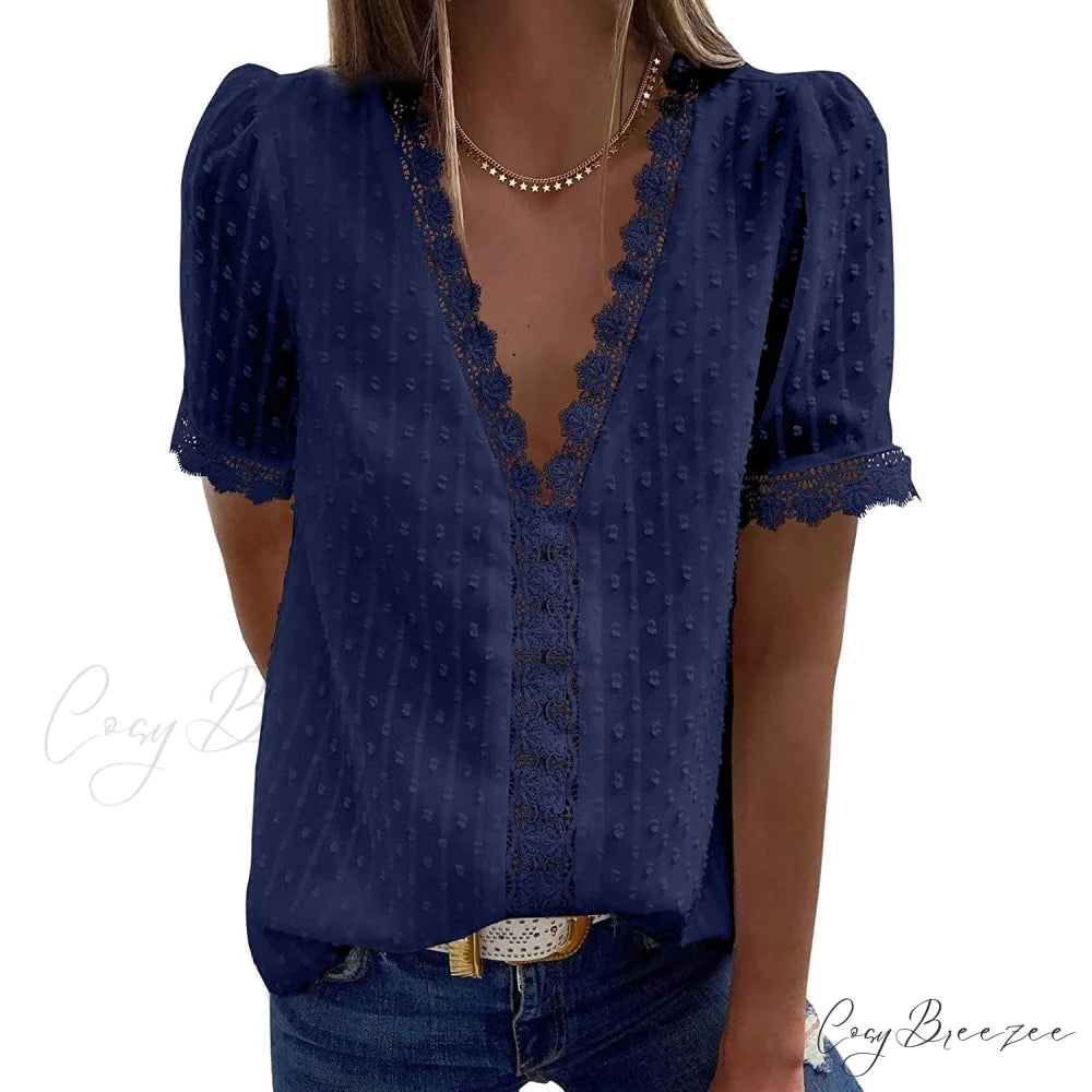 V-Neck for Lace Top Women Blue / S