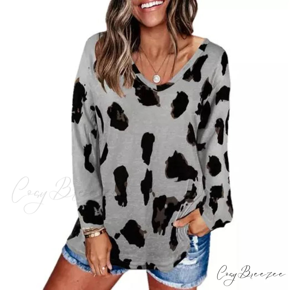 V-Neck for Top Design Leopard Women Gray / S