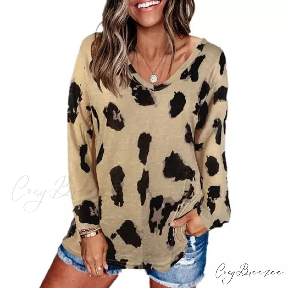 V-Neck for Top Design Leopard Women Khaki / S