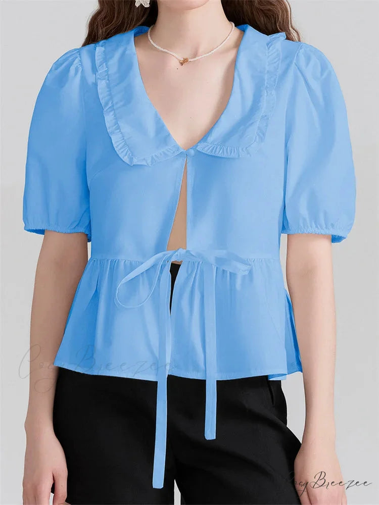 V-Neck Front Bowknot Tie-Up Shirt blue / S blouse-250223